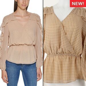 Calvin Klein Printed Ruffled Faux-Wrap Top - Sand Combo